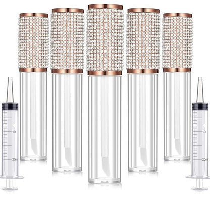 Maitys 12 Pieces Crystal Rhinestone Lip Gloss Wand Tubes Include 10 Pieces 5 ml Empty Lip Gloss Lip Balm Bottles with Rubber Stoppers and 2 Pieces 20 ml Plastic Syringe for Cosmetic (Rose Gold)