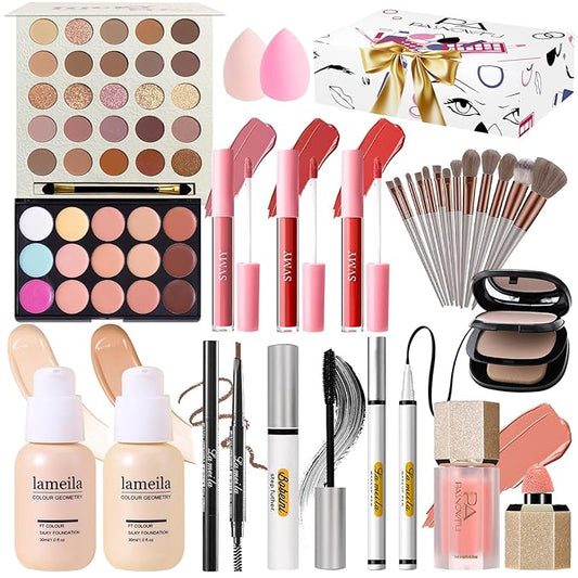 Makeup Kit for Women - Full Kit for Beginners Teens Girls, Includes 25 Colors Matte & Shimmer Eyeshadow Palettes, Blush Palette, Lip Gloss Set