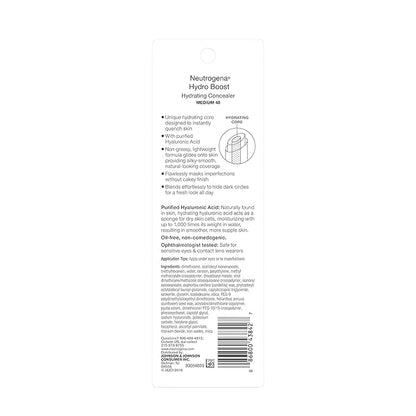 Neutrogena Hydro Boost Hydrating Concealer Stick for Dry Skin, Oil-Free, Lightweight, Non-Greasy and Non-Comedogenic Cover-Up Makeup with Hyaluronic Acid, 40 Medium, 0.12 Oz