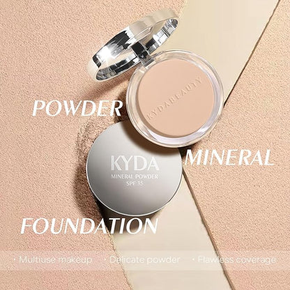 KYDA Mineral Powder, 4-in-1 Pressed Mineral Powder Foundation, SPF 35, Matte Pressed Foundation with Concealer and Setting Makeup, Lightweight Flawless Coverage, PORCELAIN