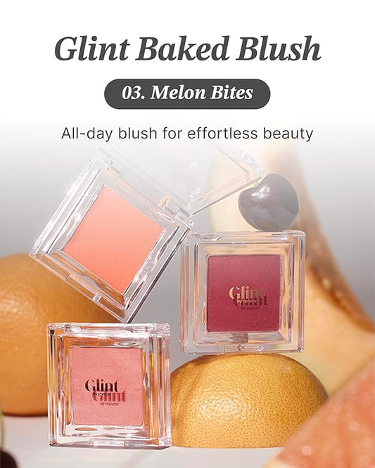 Glint Baked Blush (Melon Bite, 0.08oz) - Long-Lasting, All-Day Face Blush Powder for a Natural Look. Korean Skin Care, Korean Makeup. Blendable Color for Eyes, Cheeks & Body.
