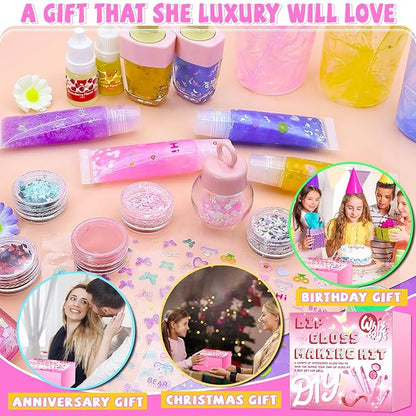 DIY Lip Gloss Making Kit 74 PCS, Pink Kids Lip Gloss Supplies Set Beginner, Fun Craft Set Moisturizing Base, Birthday Gift Set for Girls, Kids, Teenagers, Women