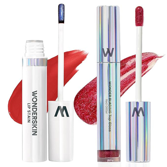 Wonderskin Wonder Blading Lip Stain Peel Off Masque - Long Lasting, Waterproof (Hayley) with Top Gloss - Red Glitter Lip Gloss, Hydrating and High Shine Finish