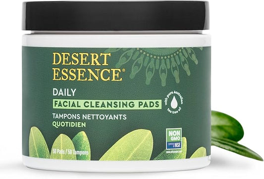 Desert Essence Natural Tea Tree Oil Facial Cleansing Pads - 50 Count - Pack of 3 - Face Cleanser - Soothes & Calms Skin - Makeup Remover Pads - Removes Oil & Dirt - Great for Travel - Essential Oils