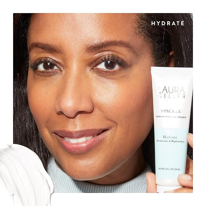 LAURA GELLER NEW YORK Face the Day Kit - Balance-n-Brighten Foundation, Sand + Spackle Skin Perfecting Primer, Hydrate + Airbrush Round Kabuki Brush (Pack of 3)