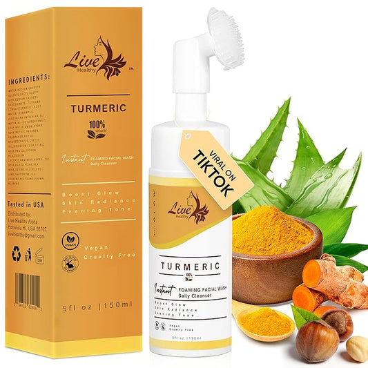 Live Healthy Turmeric Foaming Face Wash - Turmeric Face Wash with Brush, Deep Cleansing, Gentle, Facial Cleanser, Makeup Remover, Natural Formula for Acne, Blackhead & Oil Control, Hydrating -150ml