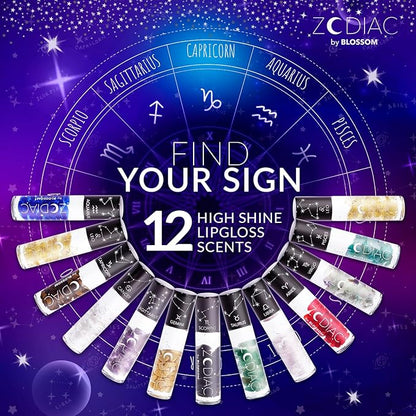 Blossom Lip Gloss Zodiac Sign Vanilla Scented Roll-On Lip Gloss, Moisturizing + Hydrating with Zodiac Crystals, Made in USA, 0.20oz, Capricorn