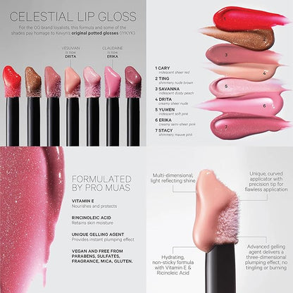 Kevyn Aucoin Celestial Lip Gloss, Yuwen (iridescent soft pink): Light reflecting shine & sheer. Precision makeup artist applicator. Hydrating, non-stick formula. Multi-dimensional 3D plumping effect.