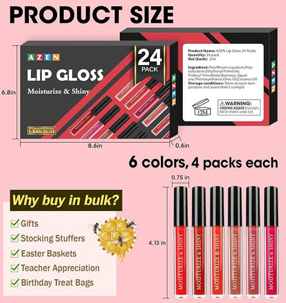 AZEN 24 Pack Lip Gloss Bulk Set, Shimmery Lip Gloss for Women and Girls With Rich Varied Colors