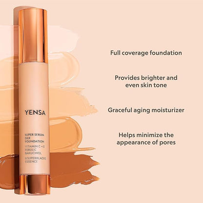 YENSA Serum Foundation Makeup - Super Silk Full Coverage Foundation Enriched with Peptides, Vitamin C & Ferulic Acid to Help Reduce Fine Lines, Wrinkles & Dark Circles - Tan 3 (1 oz)