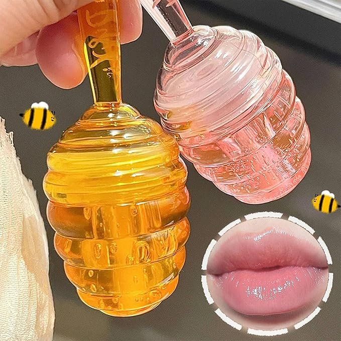 2 PCS Moisturizing Honey Pot Lip Oil Lip Gloss, Natural Honey Sleeping Lip Mask, Lip Balm, Hydrating & Prevention Dry & Cracked Lip Scrubs Exfoliator, Winter Lip Care Products(Peach+Honey)