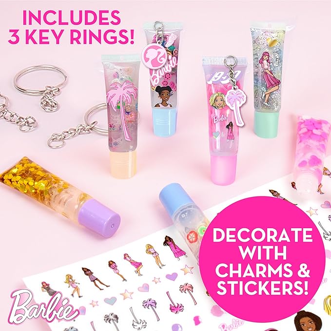 Horizon Group USA Barbie Sweet Shop Lip Gloss Making Kit, Makes 12 Barbie Accessories, Barbie Lip Glosses & Keychains, Arts and Crafts kit for Kids Ages 6+, Gifts for 6 Year Old Girl