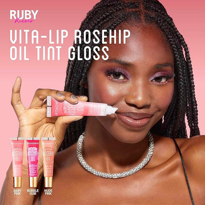 Ruby Kisses Broadway Vita-Lip Tinted Lip Gloss (3 Pack Baby Pink, Bubble Gum, Nude Pink) Ultra-Hydrating Rosehip + Jojoba Oil & Soothing Formula with Vitamins, High-Shine Non-Sticky Finish Lip Balm