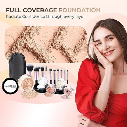 16pc STARTER KIT with 10 BRUSHES SET (PINK BISQUE) Mineral Makeup Bare Face Loose Powder Includes Matte Foundation, Veil Primer, Blush, Bronzer, Translucent Finishing Setting Powder SPF 30 Travel Size
