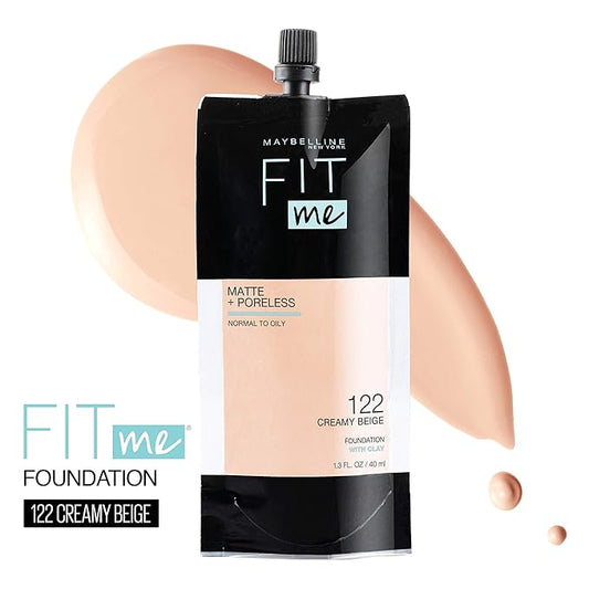 Maybelline New York Fit Me Matte + Poreless Liquid Foundation, Pouch Format, 122 Creamy Beige, 1.3 Ounce