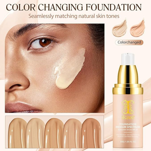 Color Changing Foundation 4 in 1 Medium Spectrum, Flawless Foundation Color Changing Makeup Full Coverage SPF50+, Waterproof Moisturizing Foundation for Mature Skin Hides Wrinkles and Lines, 30ml