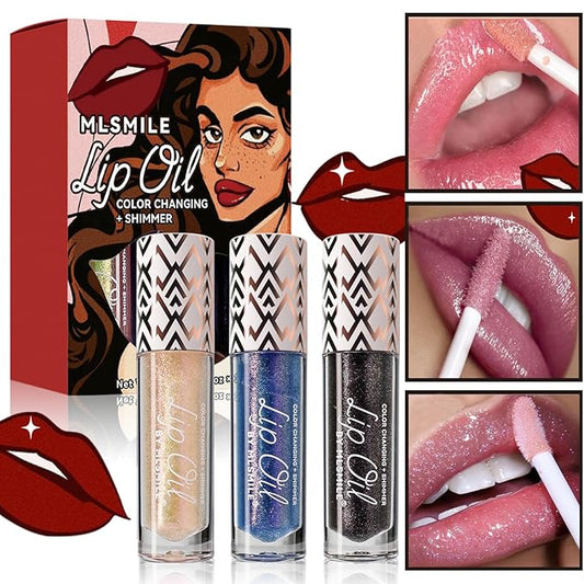 3Pcs Boss Up Color Changing Lip Oil, Shimmering Temperature Color Changing Lip Gloss Tinted Lip Stain, Long Lasting Nourishing Moisturizing Lip Glow Oil for Lip Care and Dry Lips (A#)
