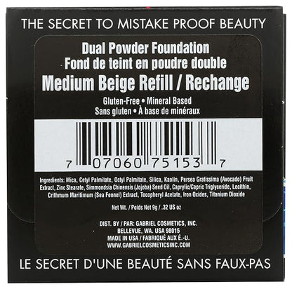 Paraben Free, Vegan, Gluten-free, Cruelty-free, Non GMO, Pressed mineral powder, (REFILL Medium Beige)