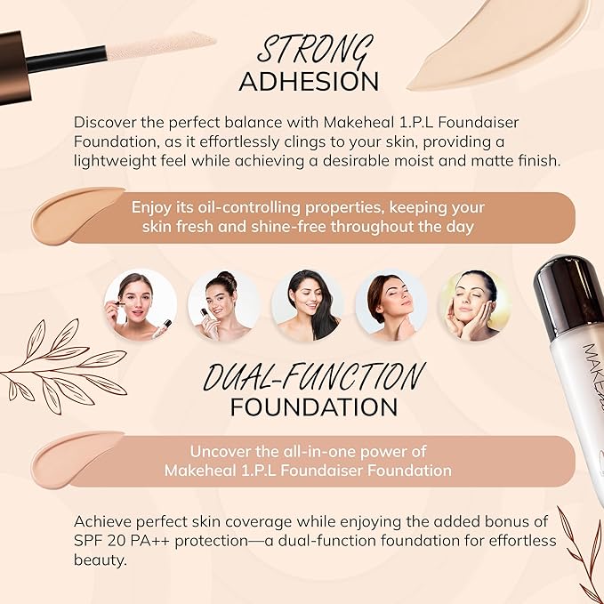 [Makeheal] 1.P.L Foundaiser Foundation SPF 20 PA++, 24 Hours Power-Lasting Coverage, Large Wand Applicator, Dual-Function Foundation, Perfect Blemish Coverage (23N - Reve Light)