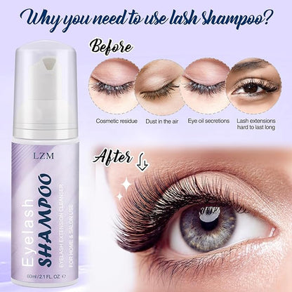 LZM Lash Shampoo Kit 2.02 fl.oz Lash Wash Cleaning kit for Clusters/Natural/Extensions, Gentle Foam&Deep Cleaning&Oil Free 60ml Lash Cleanser with Brush (8-in-1 Shampoo Kit)