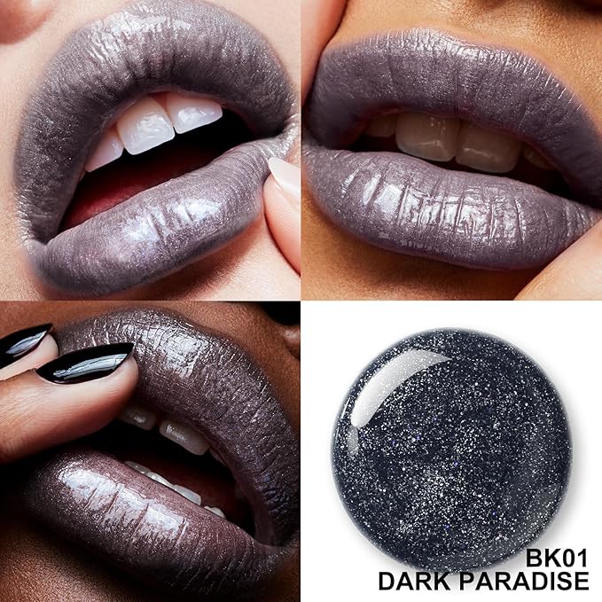 FOCALLURE High Shine Glitter Lip Gloss,Hydrates and Soothes Lips for a Gorgeous,Delivers a Non-sticky Glossy finish,Long-lasting Shine & Fuller-looking Lip Makeup,BK01 DARK PARADISE