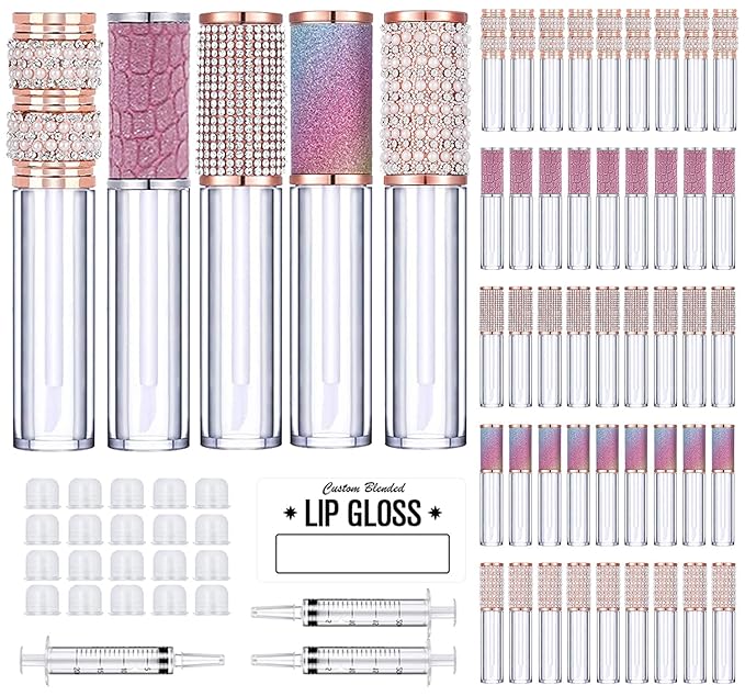 AMORIX 50 Pack Diamond Lip Gloss Tubes with Wand 5ml Empty Rhinestone Lip Gloss Containers Lipgloss Bottles Crystal Lip Gloss Supplies Kit + 3pcs Syringes + Labels for DIY Base