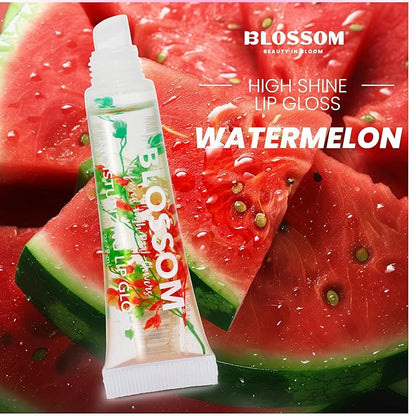 Blossom Scented Roll on Lip Gloss, Moisturizing Lip Gloss Tubes, Hydrating & Strengthening Scented Cuticle Oil with Real Flowers, 0.55 fl oz./19.4mL, 3 pack Gift Set, Strawberry/Watermelon/Rose