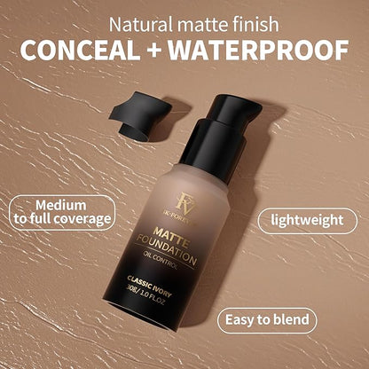 FV Full Coverage Liquid Foundation, Lightweight & Concealing, Long Lasting Matte Foundation Makeup with Flawless Finish, Oil Control Waterproof Foundation for Oily Skin (Classic Ivory Matte)
