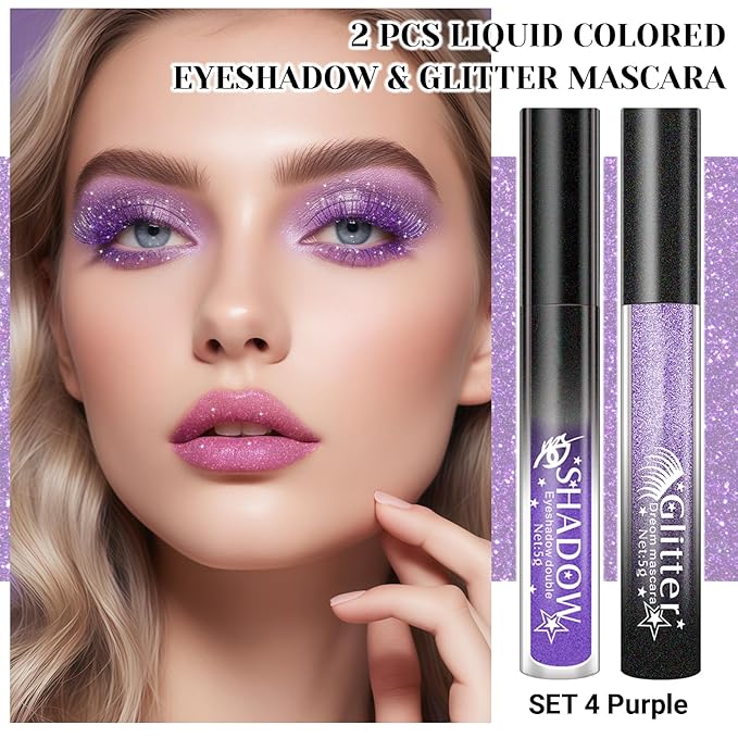 2 Pcs Glitter Mascara & Shimmer Liquid Eyeshadow Set, Long Lasting Waterproof, Shiny Diamond Eye Makeup for Party Dazzling Looks, Metallic Eye Shadow Lipstick Makeup #Set4(Purple+Purple)