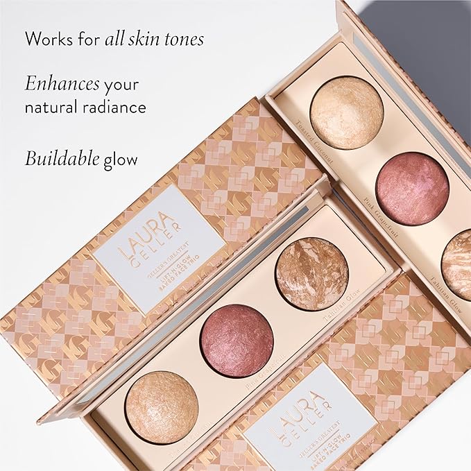 Geller's Greatest Lift-n-Glow Palette - Tahitian Glow, Pink Grapefruit, Toasted Coconut + Retractable Angled Kabuki Brush
