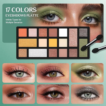 Color Nymph Beginner Makeup Kit For Teens, Girls Makeup kits With Recyclable And Key-Lockable Cabinet Included 17-Colors Eyeshadows Blushes Bronzer Highlighter Lipstick Brushes Mirror(Green)