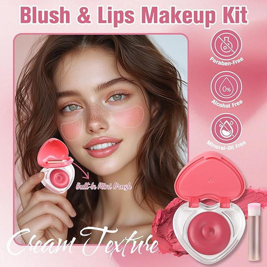 Heart-Shaped Cream Blush for Cheeks & Lips – 2-in-1 Tinted Lip and Cheek Balm Kit with Mini Brush – Blendable Dewy Blusher Face Makeup for Women, Portable Compact for Travel & On-the-Go Touch Ups 03