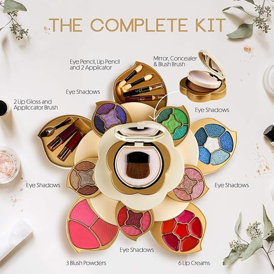 All In One Makeup Kit for Teens and Women - Flower Makeup Set for Girls with Pigmented Eyeshadows, Lip Creams, Blushes, Concealer and Mirror - Full Starter Makeup Gift Set for Beginners