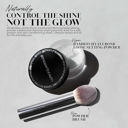 Fitglow Beauty Bamboo Hyaluronic Loose Setting Powder + Brush | Translucent Vegan Organic | Weightless Photo Finish | Pore Blurring | Natural Shine & Oil Control Makeup Finishing Powder | .32 oz / 9g