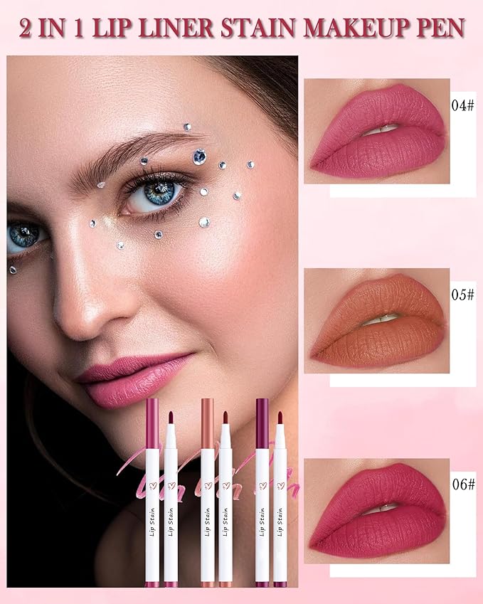 Lip Stain Makeup Pen-Hydrating Lip Tint Stain Lip Liner Tattoo Pencil,Matte Color Look,Longlasting Waterproof Lipstain Lipgloss,Precise Chisel Tip Smooth,Women's Day Makeup Gift for Women-02+04+05