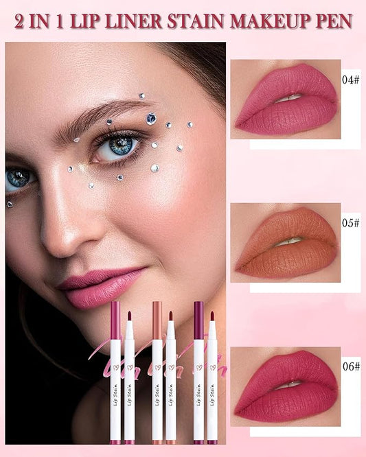 Lip Stain Makeup Pen-Hydrating Lip Tint Stain Lip Liner Tattoo Pencil,Matte Color Look,Longlasting Waterproof Lipstain Lipgloss,Precise Chisel Tip Smooth,Women's Day Makeup Gift for Women-02+04+05