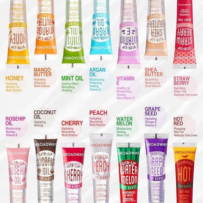 Ruby Kisses Broadway Vita-Lip Tinted Lip Gloss (6 Pack) Ultra-Hydrating, Nourishing, Soothing Formula with Vitamins, High-Shine Non-Sticky Lip Balm with Rosehip+Coconut Oil, Pink & Red Shades