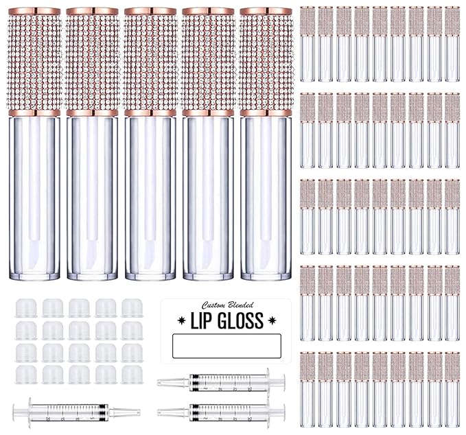 AMORIX 50 Pack Crystal Rhinestone Lip Gloss Tubes with Wand 5ml Empty Lip Gloss Containers Cute Lipgloss Bottles Lip Gloss Supplies Kit + 3pcs Syringes + Labels for DIY Lip Gloss Base