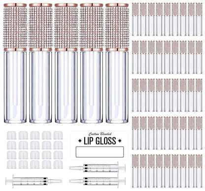 AMORIX 50 Pack Crystal Rhinestone Lip Gloss Tubes with Wand 5ml Empty Lip Gloss Containers Cute Lipgloss Bottles Lip Gloss Supplies Kit + 3pcs Syringes + Labels for DIY Lip Gloss Base