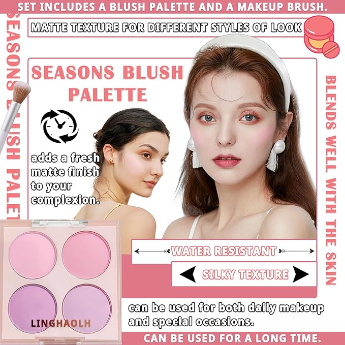 4 Colors Blush Palette for Cheeks - Face Matte Contour Makeup Palette, Buildable Shimmer Facial Cheek Blusher Shades, Blendable Cosmetic With Brush 02