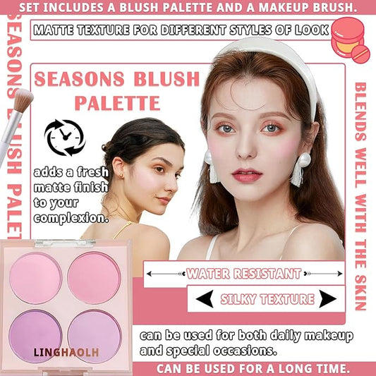 4 Colors Blush Palette for Cheeks - Face Matte Contour Makeup Palette, Buildable Shimmer Facial Cheek Blusher Shades, Blendable Cosmetic With Brush 02