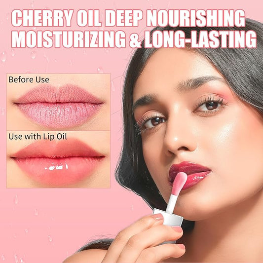 3Pcs Hydrating Lip Glow Oil - Moisturizing Tinted Lip Gloss Plumping Nourishing Shiny Long-Lasting Lip Stain with Cherry Seed Oil 0.27 fl.oz (Set C)