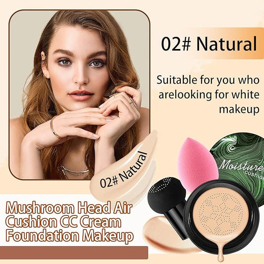 2P Mushroom Head Air Cushion CC Cream Foundation,Moisturizing Non-Greasy BB Cream and Makeup Sponge,Longlasting Matte Concealer Full Coverage Face Makeup Liquid Foundation for All Skin Types(Natural)A