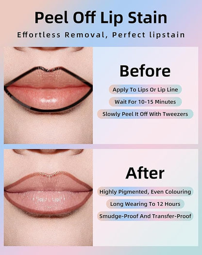 KIMUSE Lip Stain Peel Off, Lip Stain & Liner All In One, Peel Off Lipstains With Tweezer, Waterproof, Long Lasting, Natural Matte Finish
