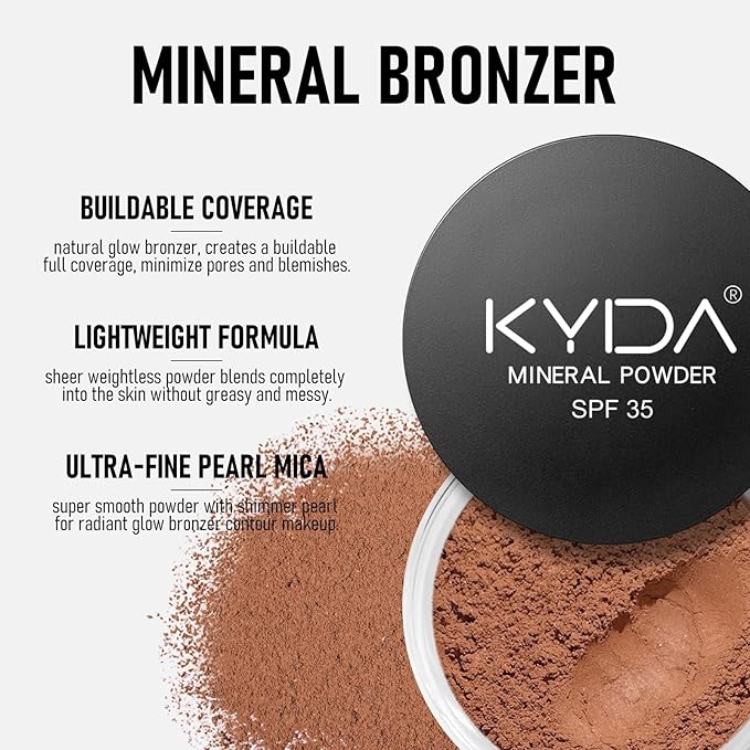 KYDA Mineral Powder Bronzer, SPF 35, Loose Mineral Bronzer, Lightweight Face Contour Powder, Buildable Coverage for Natural Glow Bronzer Makeup, Blendable Formula, Warmth