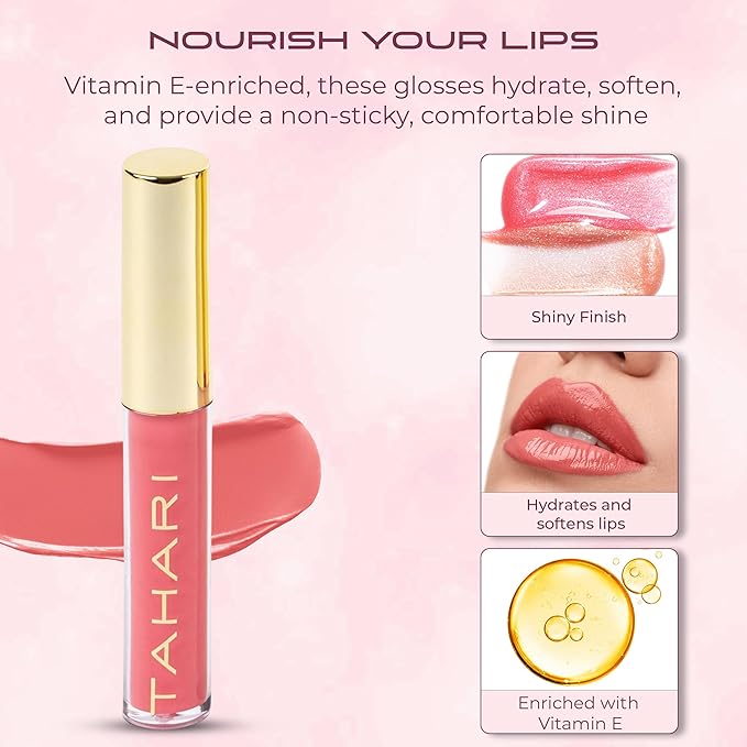 VOTUM Tahari 5pc Lip Gloss Set – Shimmery Lip Glosses for Women and Girls, Non-Sticky, High Shine with Pink & Red Finishes