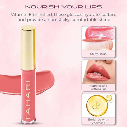 VOTUM Tahari 5pc Lip Gloss Set – Shimmery Lip Glosses for Women and Girls, Non-Sticky, High Shine with Pink & Red Finishes