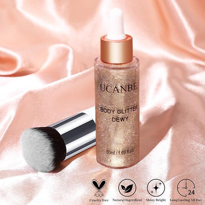 2pcs TLM Color Changing Foundation Liquid with 2 Brushes and 2 Cosmetics Sponge + Champagne Gold Face Body Glitter Liquid Highlighter Illuminator Dewy Drops with Makeup Brush