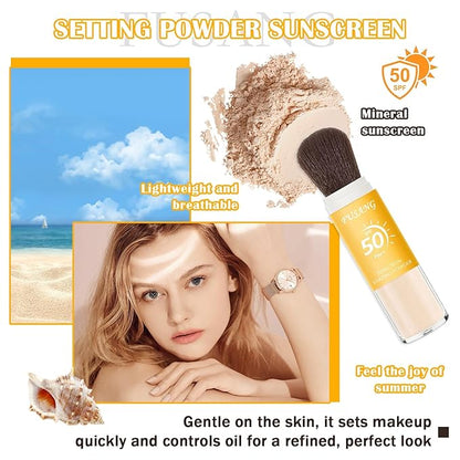 Sunscreen Setting Powder,SPF 50++ Mineral Setting Powder with Soft Sunscreen Brush,Oil Control Lightweight Brush Powder,Matte Translucent Face Powder for All Skin,Smooth Lasting Breathable Concealer