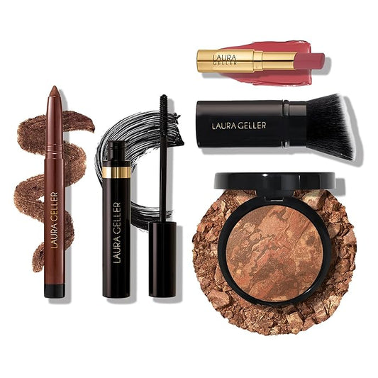 Finishing Touches Kit: Baked Balance-n-Brighten Powder Foundation, Deep + Airbrush Kabuki + Jelly Balm Tinted Lip Balm, Figger Than Life + Kajal Eyeliner, Dark Brown + Kajal Mascara